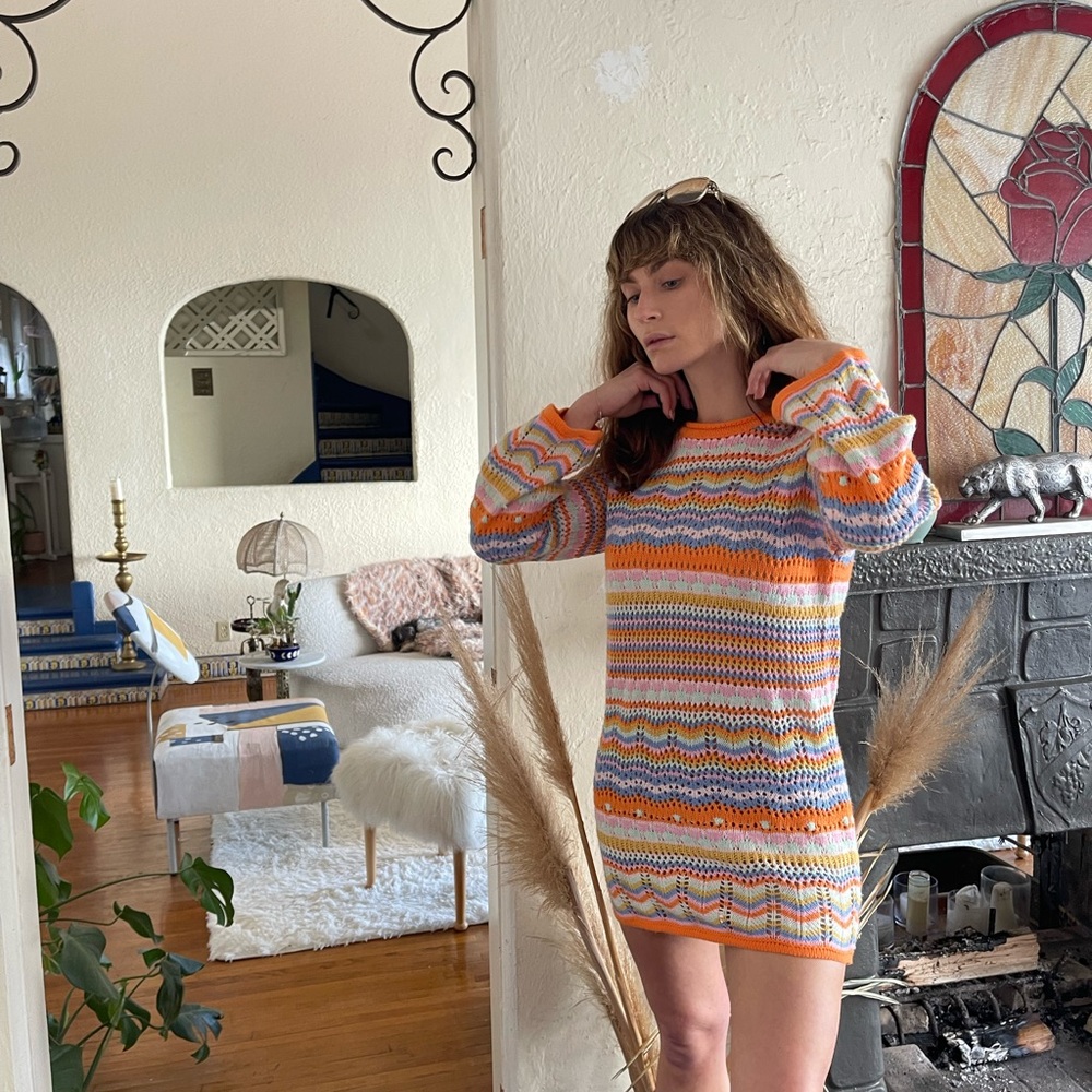 Crochet Striped Knit Sweater Mini Dress - Picture 5 of 10